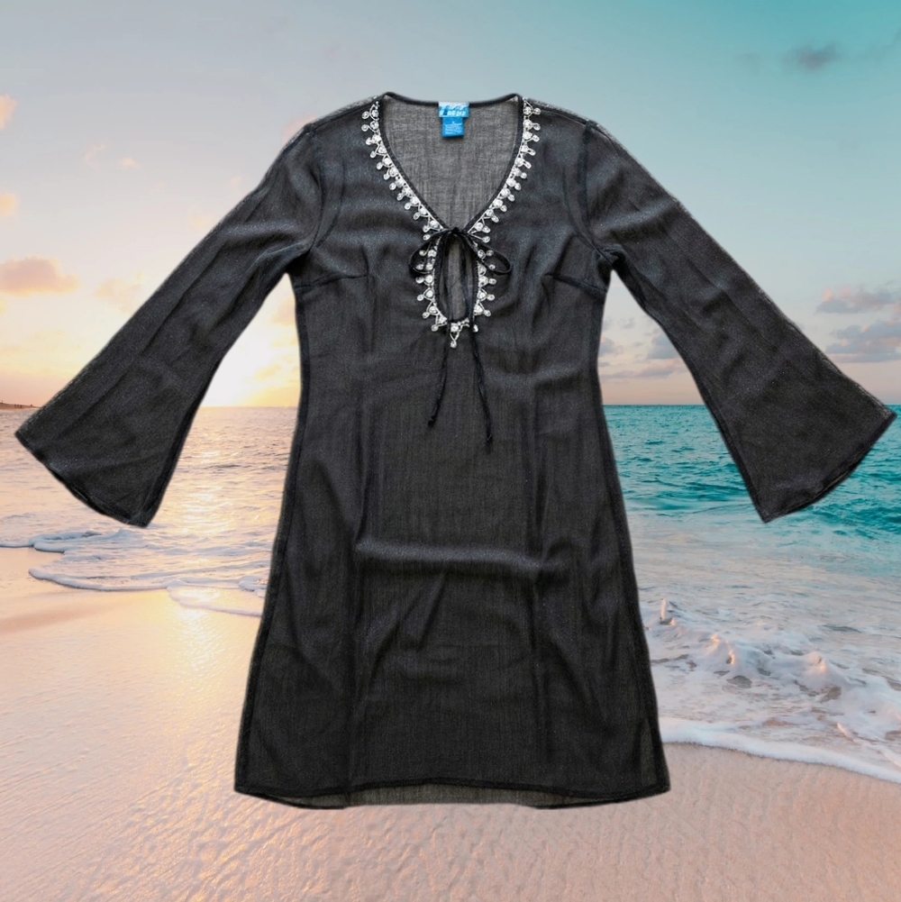 Soaked Swim Cover Up Rhinestone Embellished Black Sheer Mesh Gauze Size Large